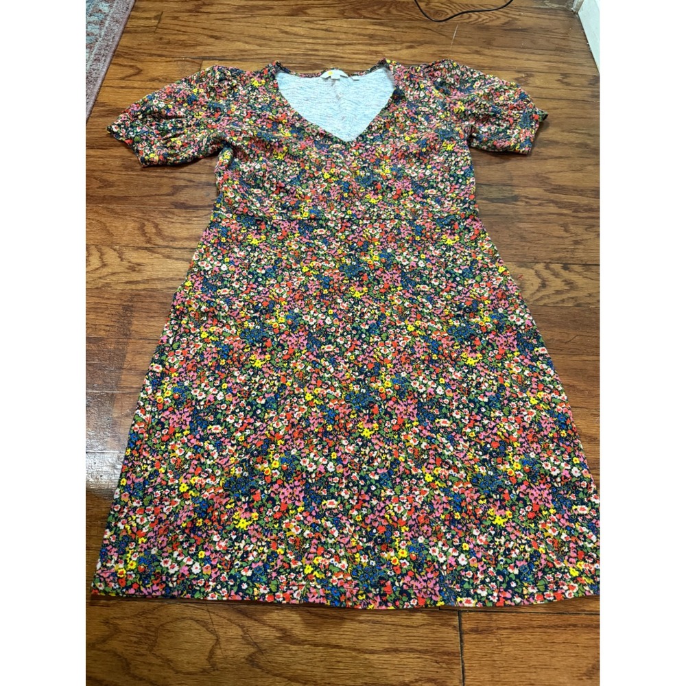 Boden Womens Floral V-Neck Puff Sleeve Jersey Dress Multi-Color Size US 6L